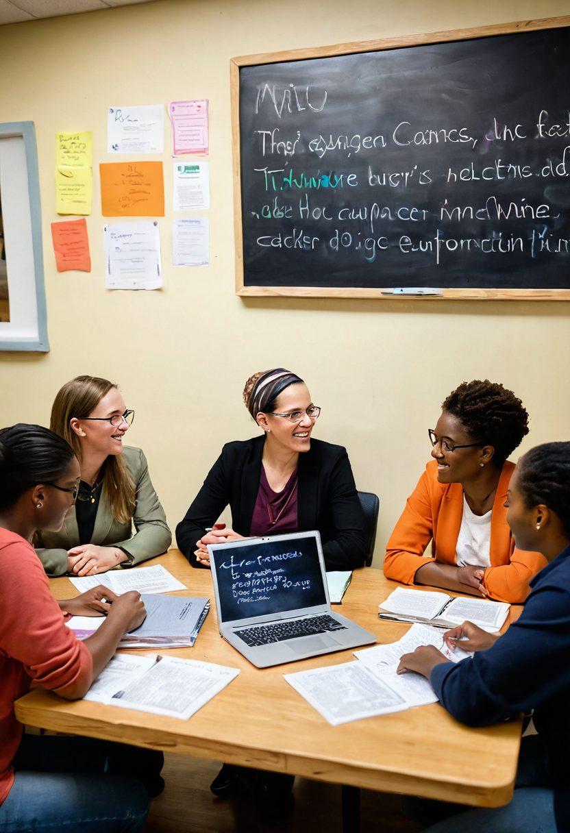 A diverse group of people gathered around a table, engaged in a lively discussion about cancer care resources, with books and laptops open, symbolizing education. A warm and supportive atmosphere is created with soft lighting and inspirational quotes on the walls. In the background, a chalkboard showcases key cancer support information. Vivid colors to evoke hope and empowerment. super-realistic. vibrant colors. warm tones.